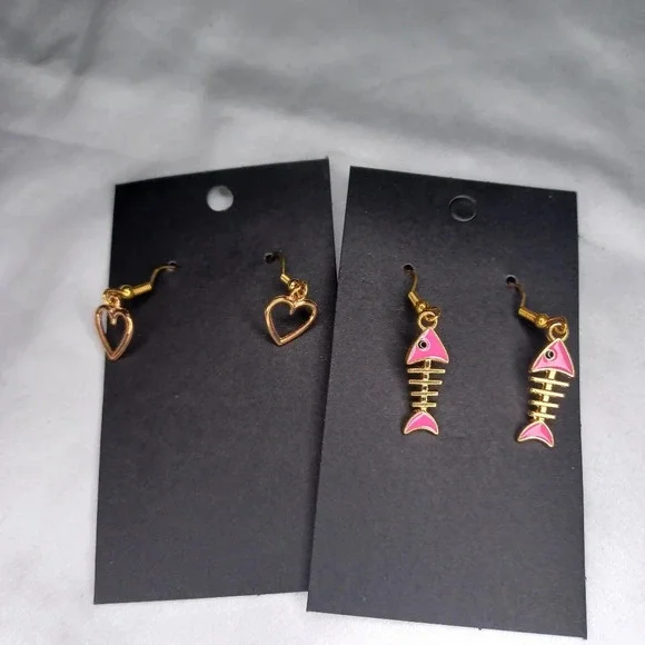 2 pair handmade fish bone and heart earrings