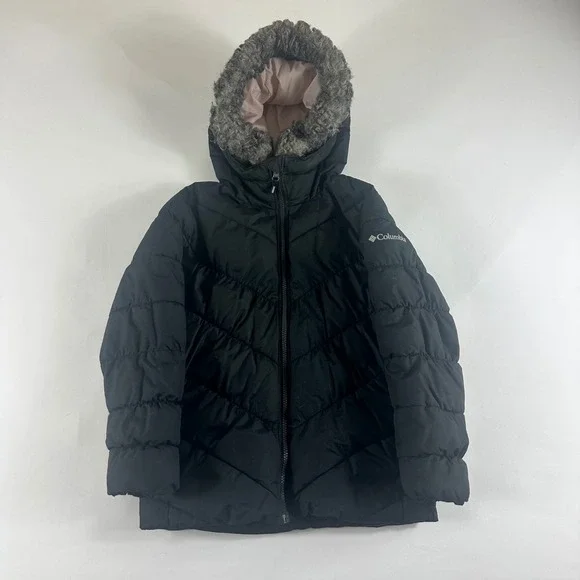 Columbia Kids Black Puffer Jacket Hooded Faux Fur Trim Size‎ 7 8