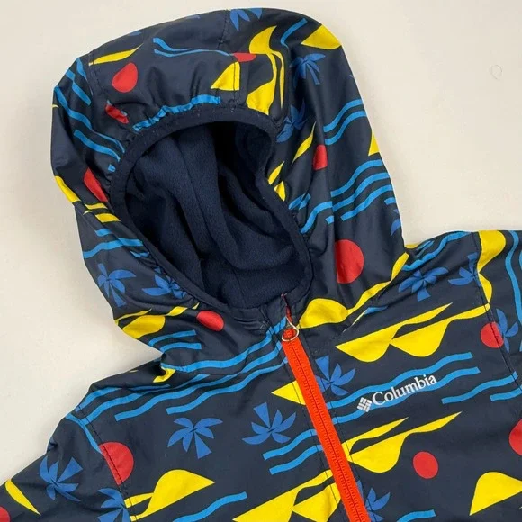 Columbia‎ Kids 4T Windbreaker Jacket Hooded Navy Blue Tropical Print Full Zip