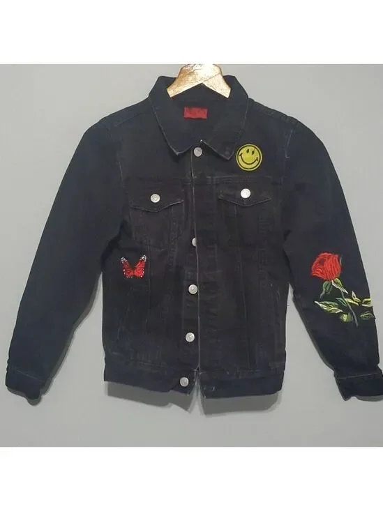 Haus of Jr jacket Girl's Size 3 years black Jeffery Space Patch denim trucker