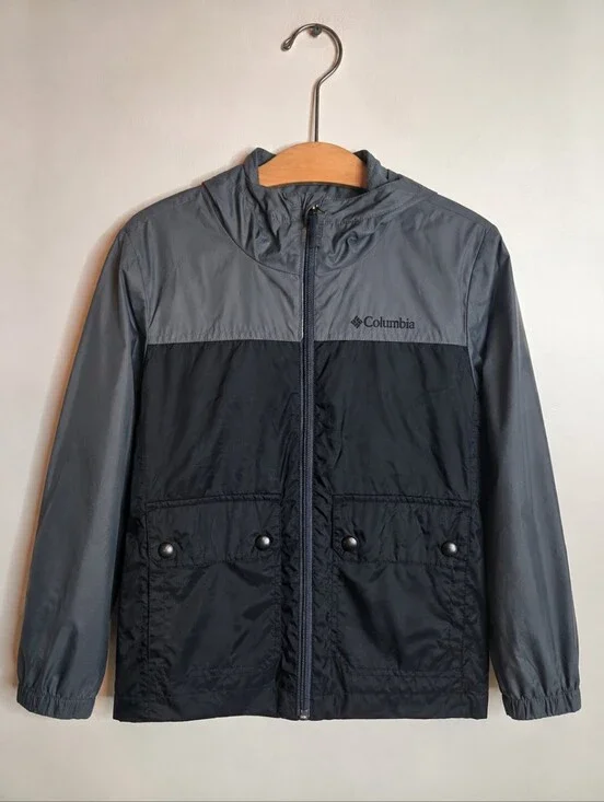 Columbia Kids XS Hooded Rain Jacket Windbreaker Gray Navy Fleece Lined