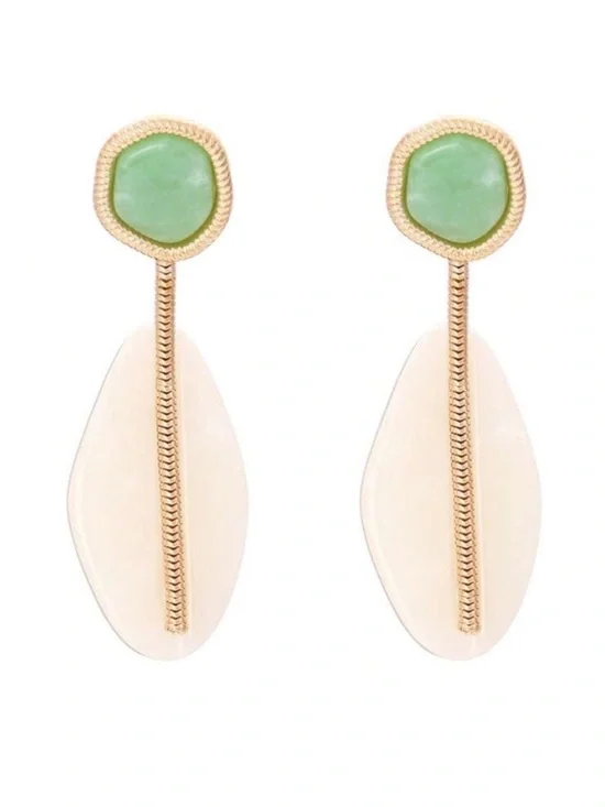 Gold-Tone Earrings with Green Stone & Cream Drop