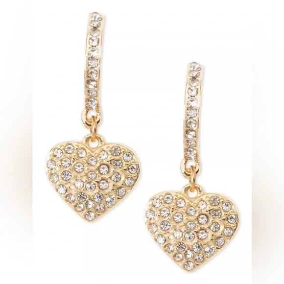 HOLIDAY LANE PAVE PUFFY HEART GOLD TONE CRYSTAL CHARM HOOP EARRINGS Valentine