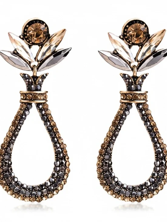 Womens Gold Flower Rhinestone Teardrop Earrings