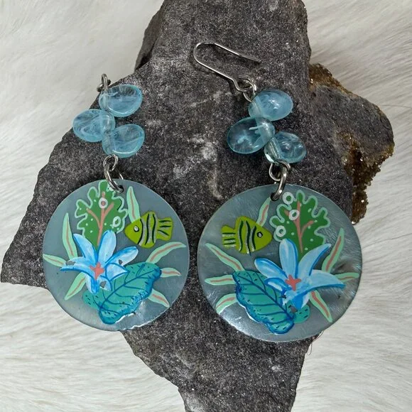 Hand Painted Fish Ocean Scene Dangle & Drop Pierced Earrings
