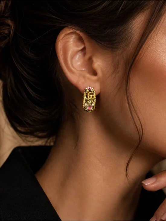Gold GG Logo Hoop Earrings with Pink Crystal Flower Accents