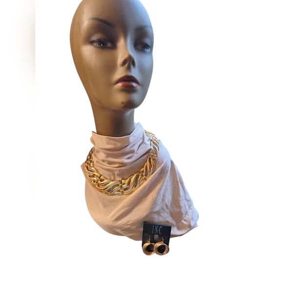 Gold Toned  INC Earrings & Gold Choker Bib Style Neckace bling Edgy Maximalist