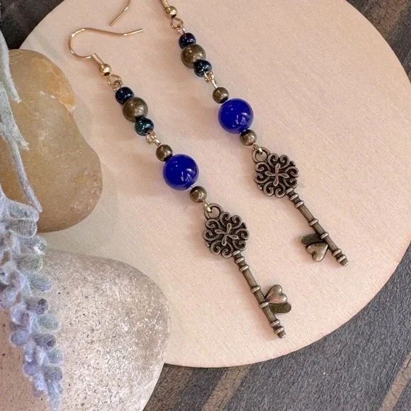 Antique Key Dangle Earrings with Blue Beads