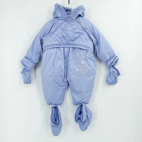 Vintage OshKosh‎ Purple Baby Snowsuit Girls 12M  Floral Embroidery 90s Mittens