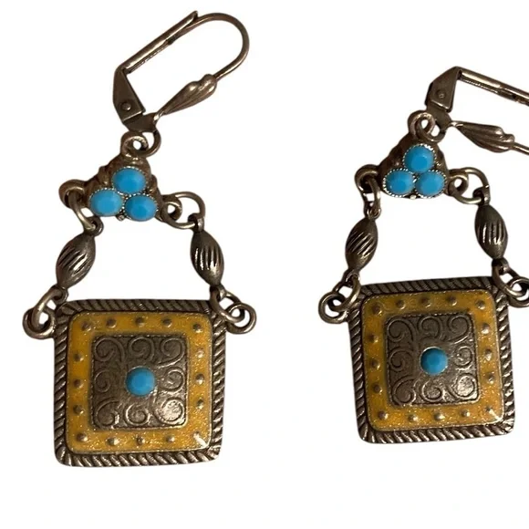 Vintage Silver Tan Enamel Turquoise Dangle earrings Gives Native Boho Western