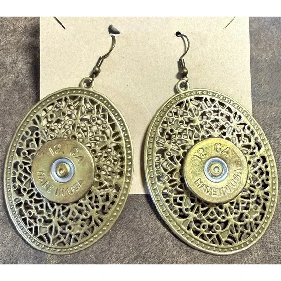 Western Bullet Jewelry 12 GA Shotgun Oval Dangle Earrings Handmade New In USA