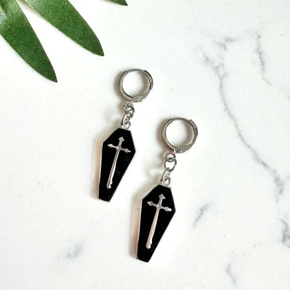 2/$30🌵 Coffin Cross Earrings Mini Hoop Huggies Gothic Dangle Jewelry Death NEW