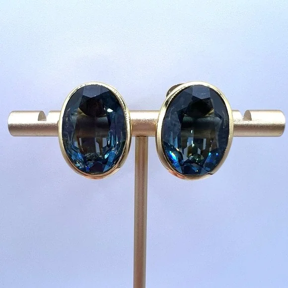 Christian Dior Earrings London Blue Open Bezel Crystal Oval Gold Plated Clip Vtg