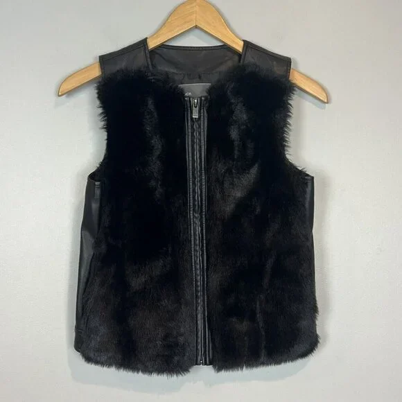 Vince Black Faux Fur Vest Size Girls Large Zipper Front Mafia Wife