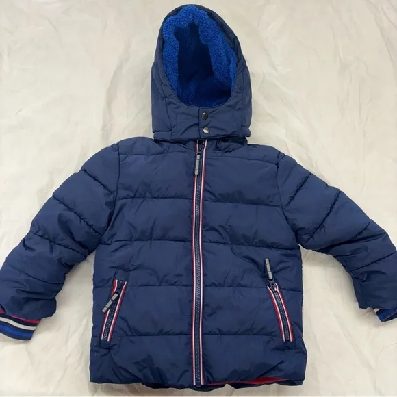 Mini Boden Hooded Puffer Jacket Sz‎ 4-5 Navy Blue Red Sherpa Zippered Pockets