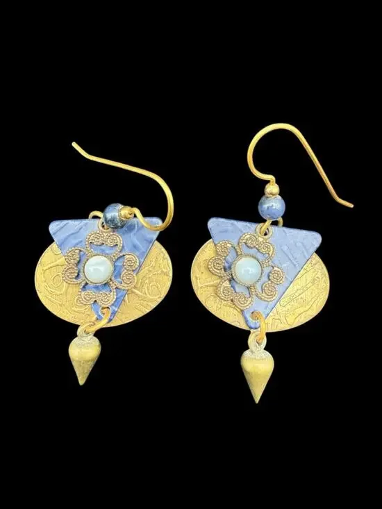 Vintage Blue & Gold Floral Triangle Motif Drop Earrings