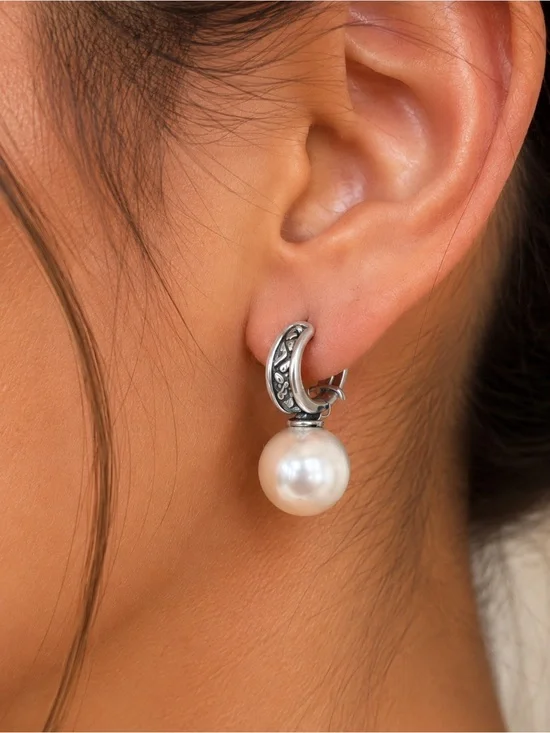 Estate Sterling Silver Faux Pearl Ornate Earrings Quality