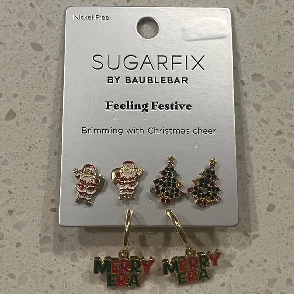 Sugarfix FEELING FESTIVE by BaubleBar Earring Set 3pc Tree Santa 
