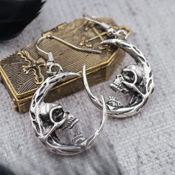 Silver Angry Crescent Moon Drop Earrings
