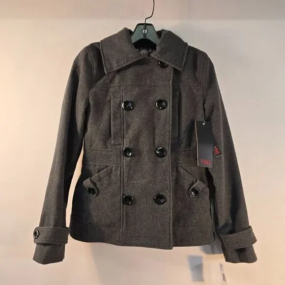 YMI Pea Coat Juniors Sz S Double Breasted w Back Tab Charcoal Gray Wool Blend