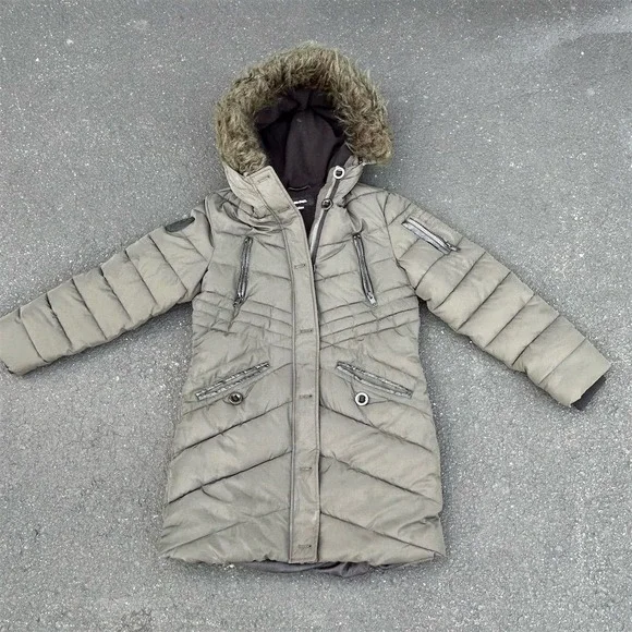 Diesel Girls Olive Green Faux Fur Hooded Parka Winter Jacket Size 14
