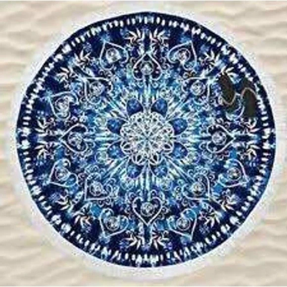 Loft Q by Loftex Round Beach Towel Blue White Mandala Fringe 100% Cotton aqua XL