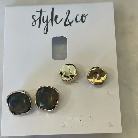 NEW Style & Co Two Piece Set Colored Stone Square Stud Earrings Brown & Gold