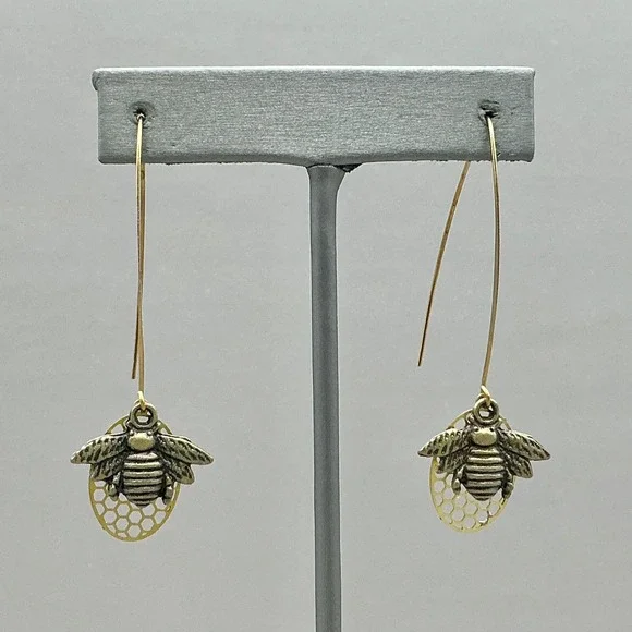 Earrings Women Gold Honey Bee Honeycomb Long Kidney Wire Dangle Drop 2.25 Inch