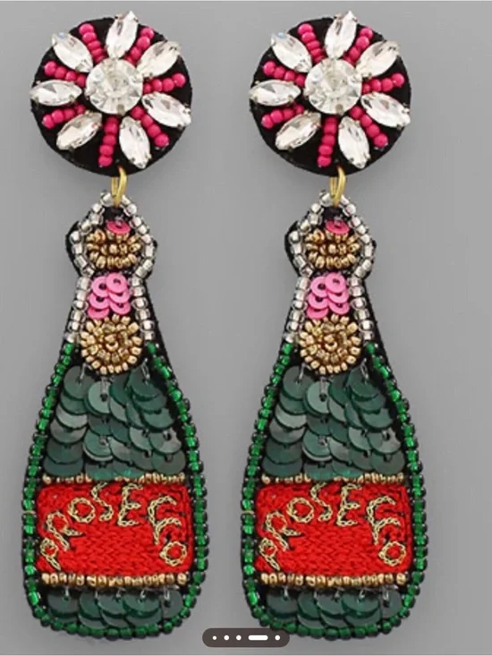 Prosecco Bottle Earrings Made with Sequins, Rhinestones,& Seed Beads