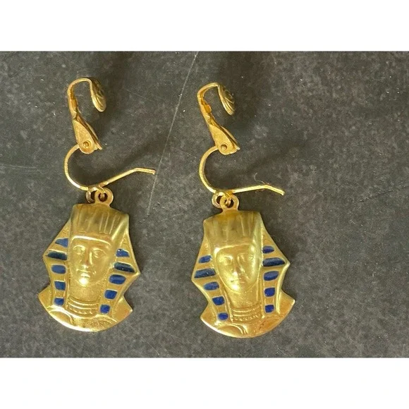 Vintage Gold Tone Blue Accent King Tut Earrings Clip On