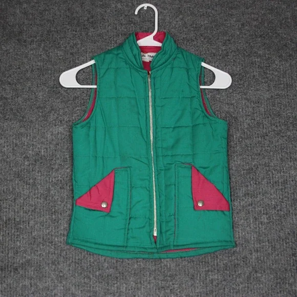 Vintage Kids Casual Time Green Quilted Puffer Vest with Pink Trim Pockets Size M