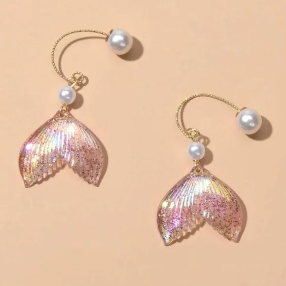 Faux pearl incandescent glitter Mermaid tail dangle drop statement earrings