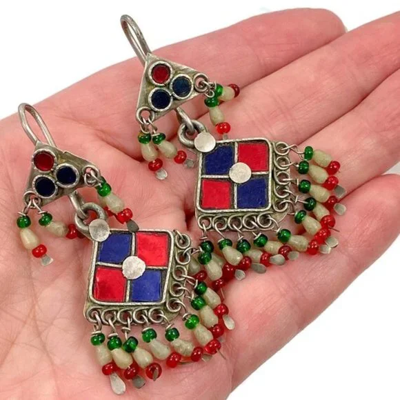 Gypsy Earring, Middle Eastern, Old Silver, Red, Blue Jewels, Glass, Kashmir