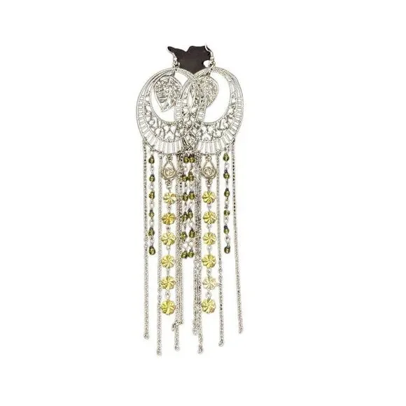 Silver Tone Half Moon Filigree Yellow Beaded Long Earrings Chain Fringe Boho NWT