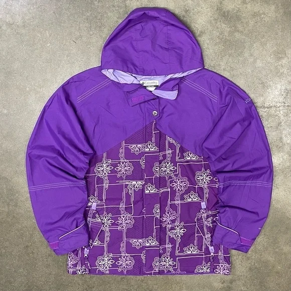 Columbia Hooded Purple Paisley Nylon Rain Zip Jacket