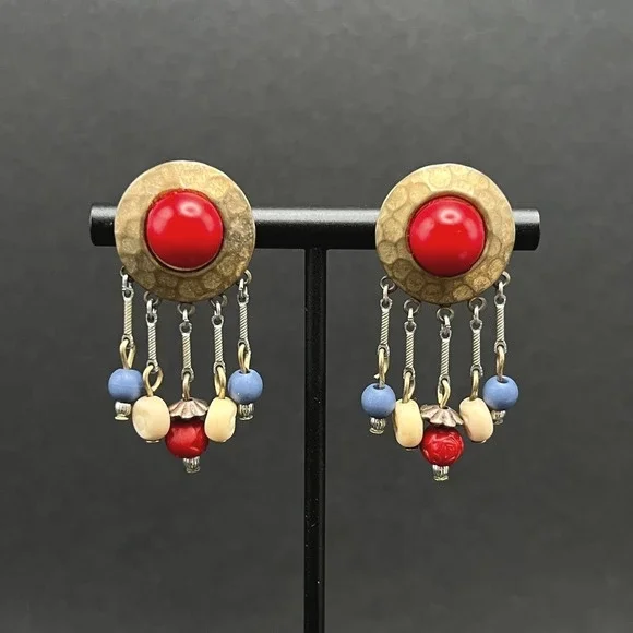 Vintage Boho Earrings Earrings Hammered Brass Red Blue White Beaded