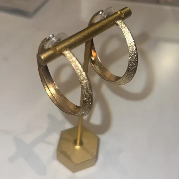 Gold sparkle textured hoops stud backing earrings open hoop 1.75” womens jewelry