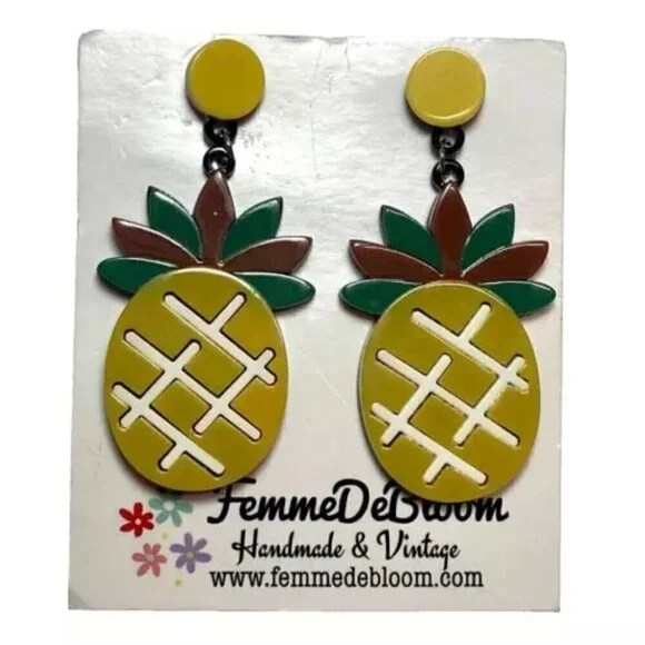 Femme De Bloom Pineapple Dangle Earrings 2” Tropical Pineapples‎ Jewelry NWT