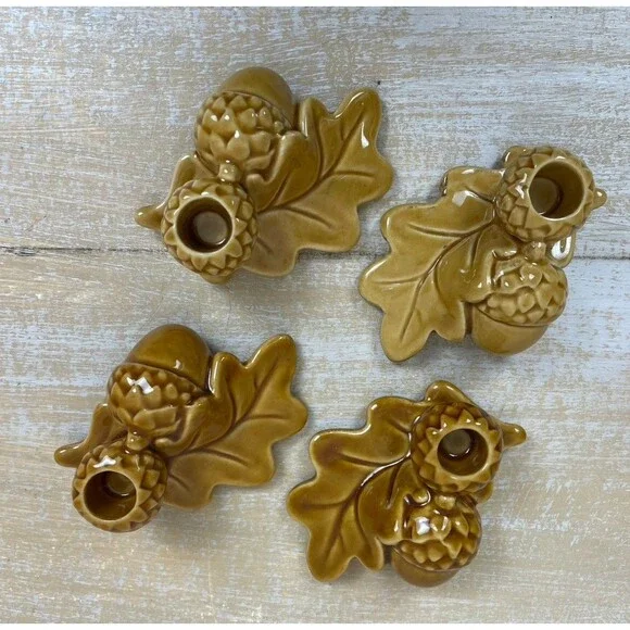Set of 4 WILLIAMS-SONOMA Ceramic Acorn Fall Leaves Taper Candle Holders