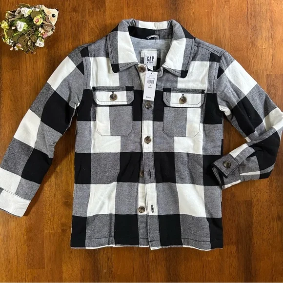 GAP Buffalo Plaid Shacket — Boy Size S 6-7 | Black & White | NWT