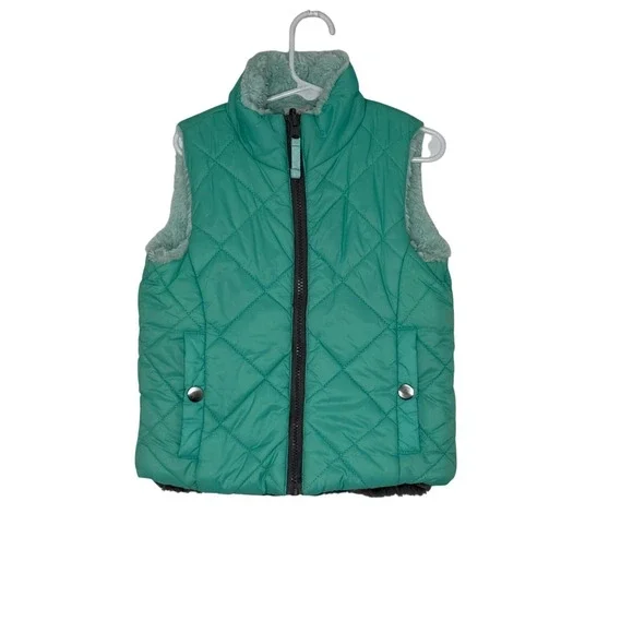 CAT &‎ JACK GIRL'S SLEEVELESS PUFFER JACKET VEST GREEN GRAY FAUX FUR SIZE XS 4/5