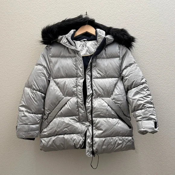 Zara Metallic Silver Puffer Coat with Faux Fur Hood, Size 12