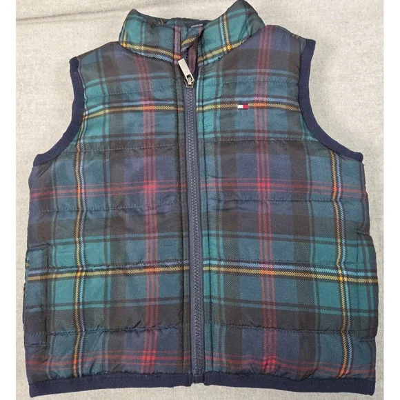Tommy Hilfiger Baby Boy 3-6 Months Puffer Vest Quilted Plaid Preppy Zip‎ Up Logo