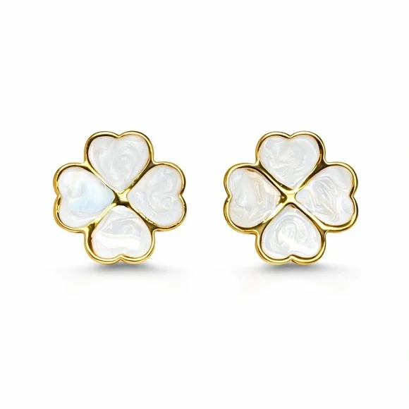 Gold and White Flower Earrings