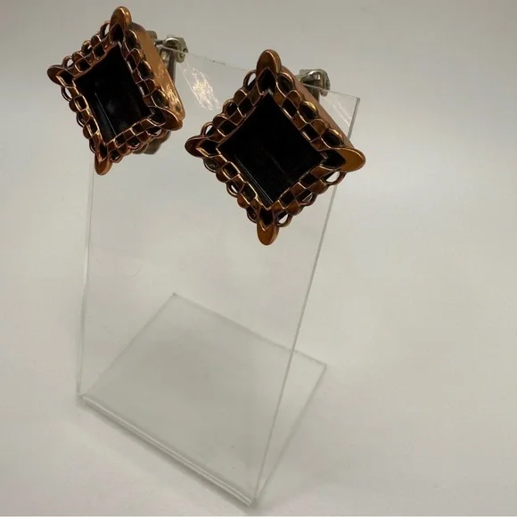 Vintage Renoir Ebony Lace Shadow Box Copper & Black Clip-On Earrings