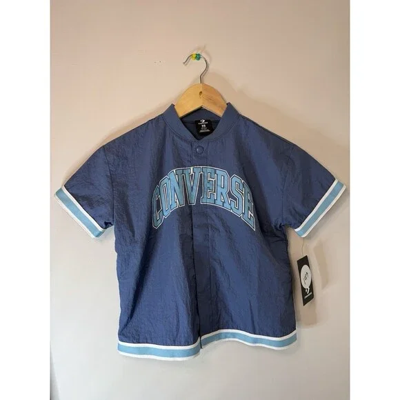 NWT Converse Short Sleeve Windbreaker Warm-up Jacket Boys XS (6-7) Blue Snap-up