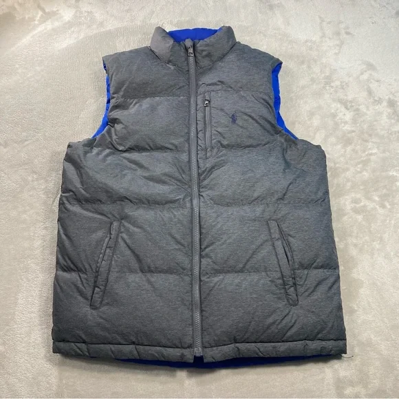 Polo Ralph Lauren Quilted Puffer Down Reversible Full Zip Vest Boys XL Grey/Blue