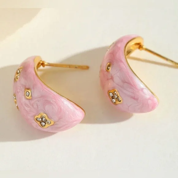 Pink Enamel Crystal Accent Hoop Earrings