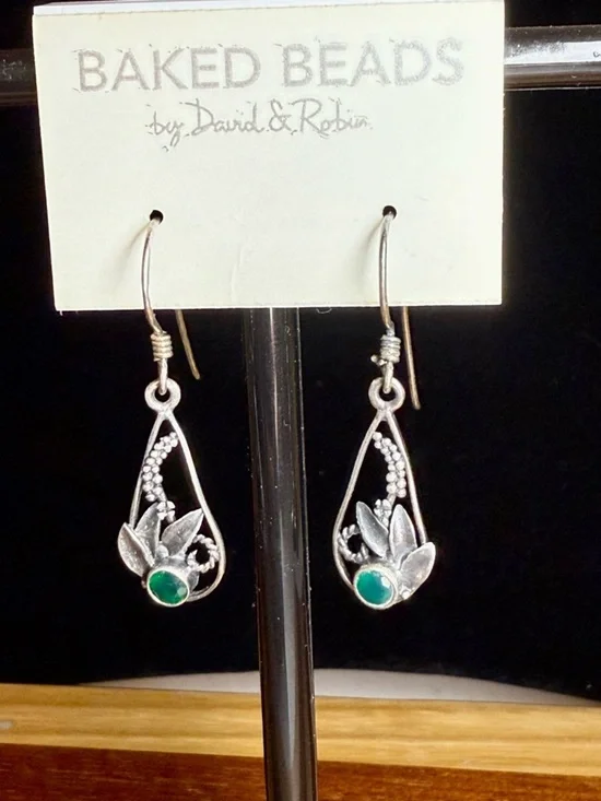 Silver Teardrop Earrings with Green Stone Accent