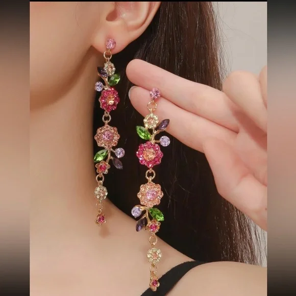 Romantic Flowers Earrings, Rhinestone Flower Earrings